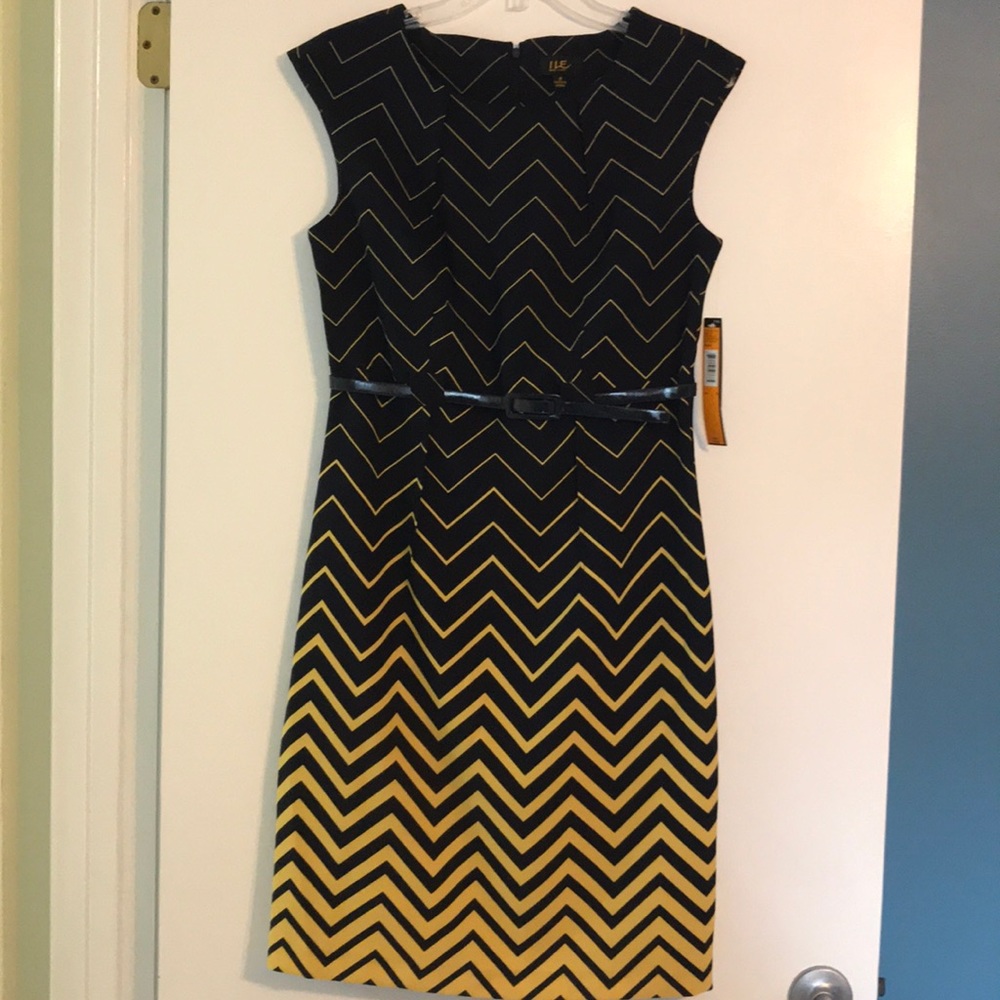 Navy Blue and Yellow Chevron Business Dress